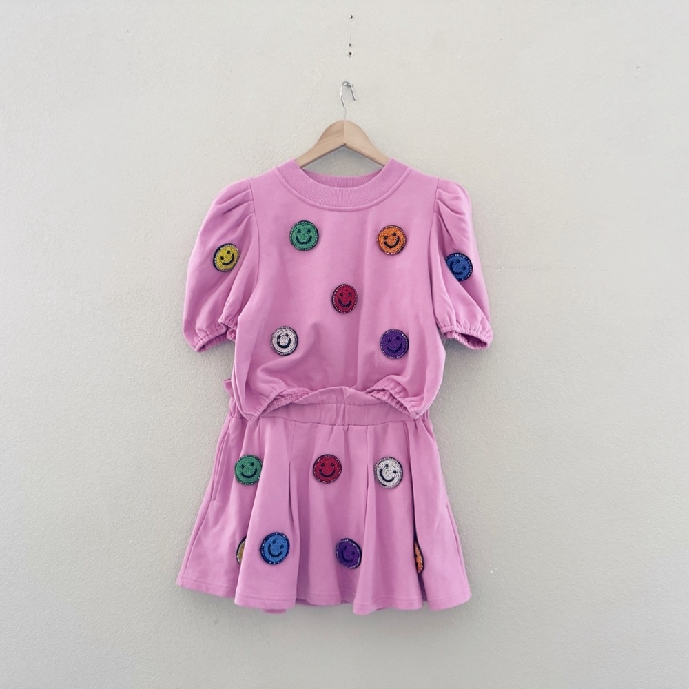 Queen Of Sparkles Smiley Face 3D Skort Set Med Pink Sweatshirt Skirt Casual Fun - Picture 6 of 16